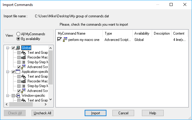 Dragon Import Commands window by availability
