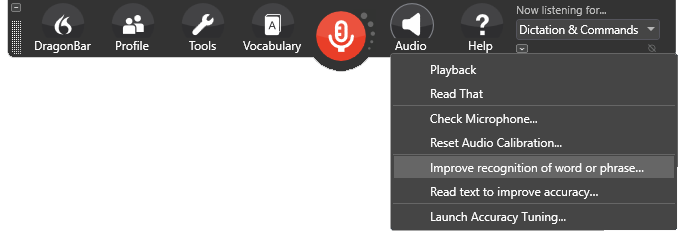 Dragon ToolBar Select Improve recognition of word or phrase... option