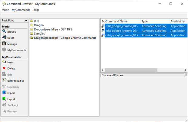 Dragon command browser with selected DST commands