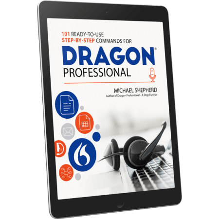 Tablet displaying the front cover of the book '101 Ready-to-Use Step-by-Step Commands for Dragon Professional'