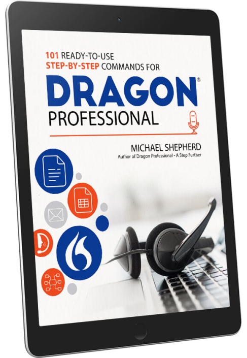 Tablet displaying the front cover of the book '101 Ready-to-Use Step-by-Step Commands for Dragon Professional'