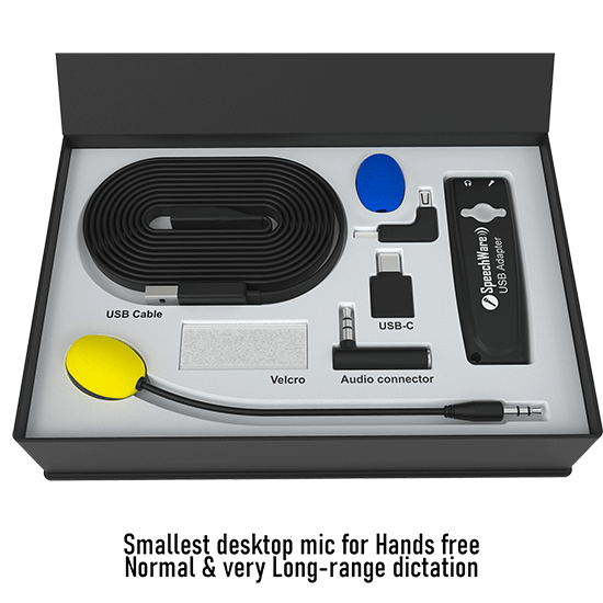 Speechware KeyboardMike and its accessories neatly arranged in a travel box