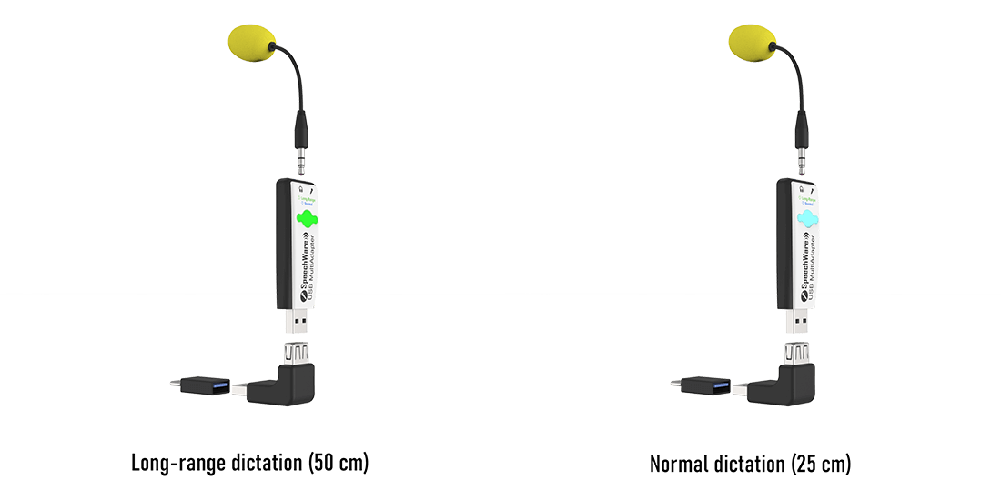 Speechware TravelMike showing LED modes: green for long-range dictation, blue for normal dictation