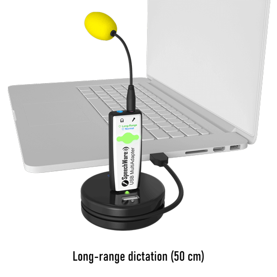 Speechware TravelMike on a USB base connected to a laptop