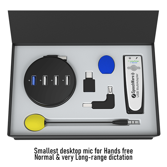 Speechware TravelMike and its accessories neatly arranged in a travel box